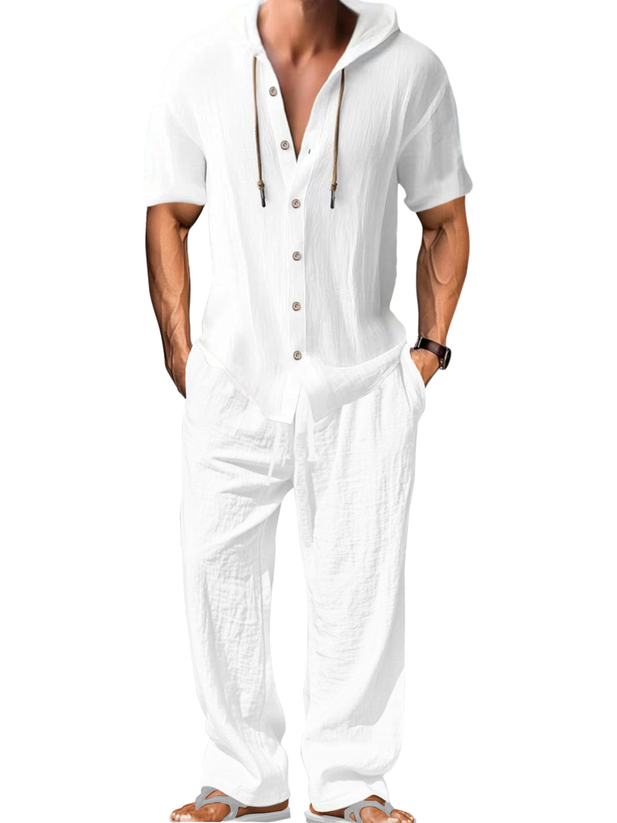 S-3XL Hooded Cotton Linen Long Sleeve Shirt Trousers Set