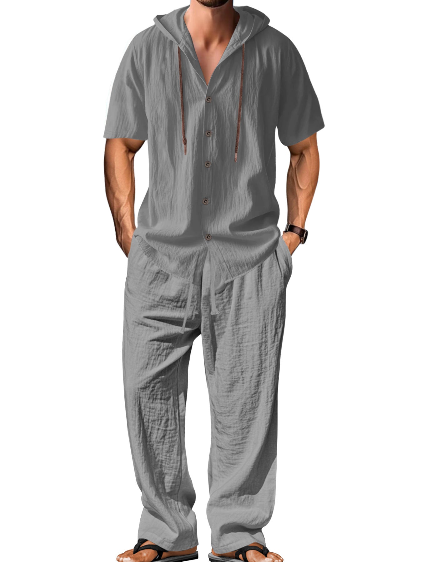 S-3XL Hooded Cotton Linen Long Sleeve Shirt Trousers Set