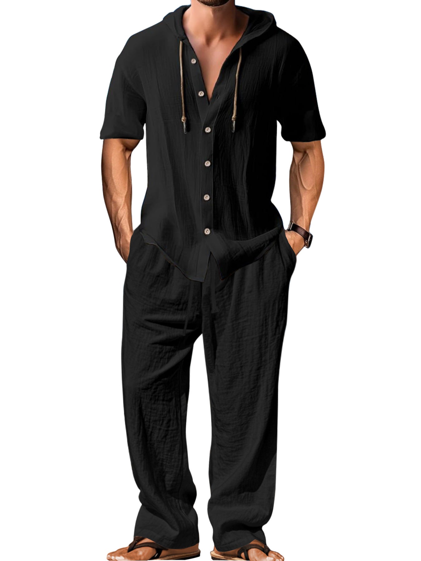 S-3XL Hooded Cotton Linen Long Sleeve Shirt Trousers Set