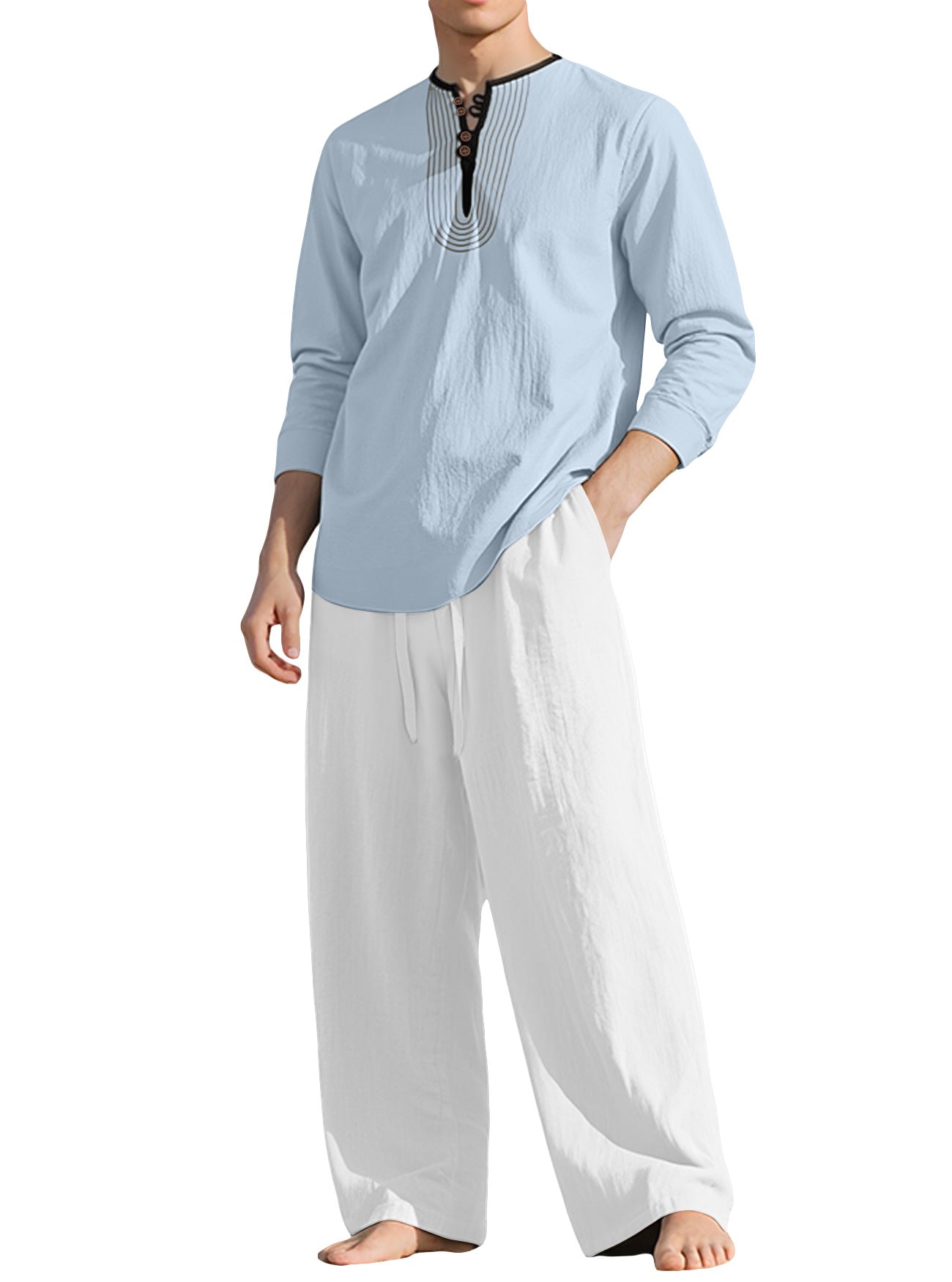 S-3XL Linen Breathable Long Sleeve Trousers Beach Suit