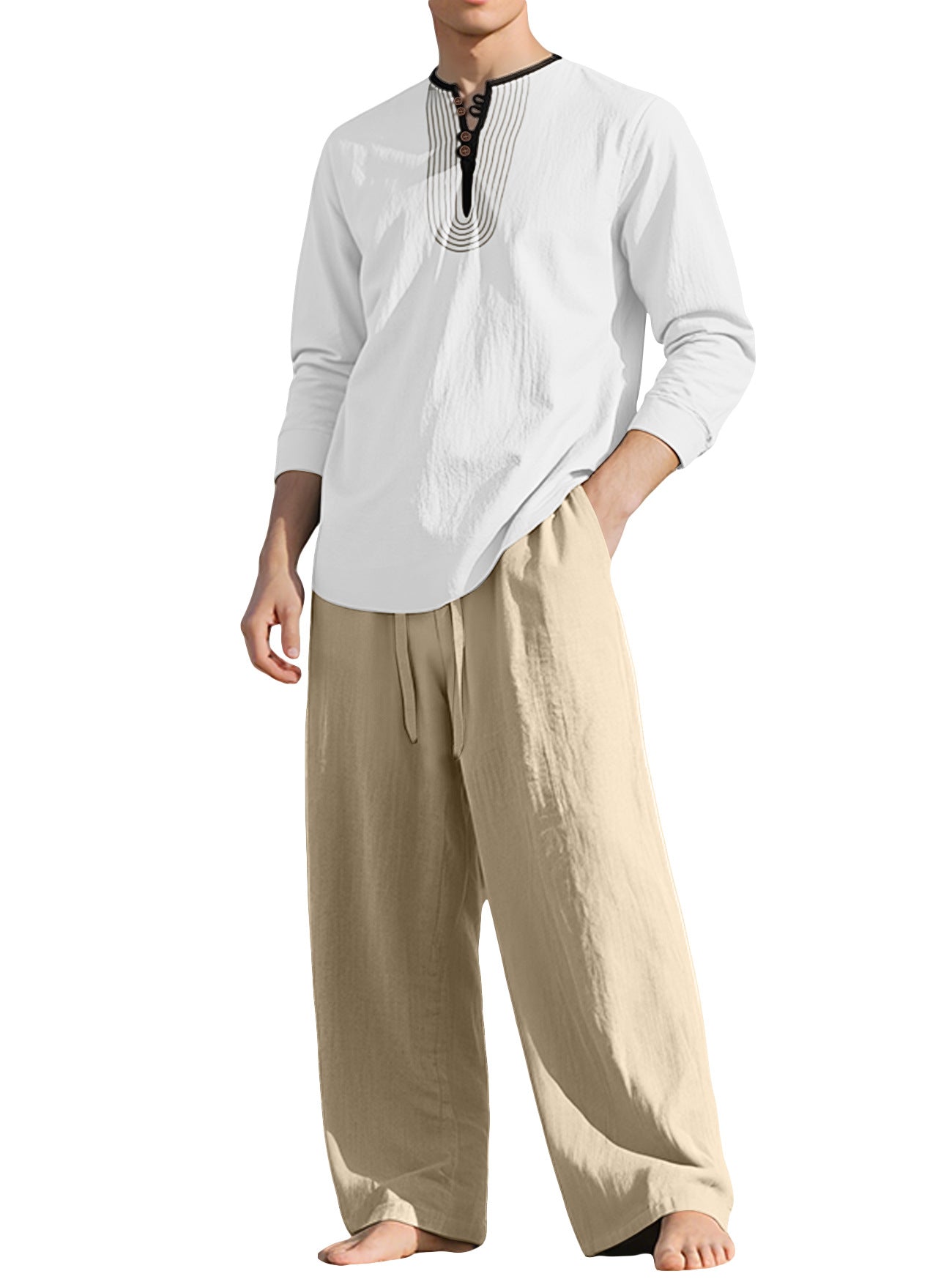 S-3XL Linen Breathable Long Sleeve Trousers Beach Suit