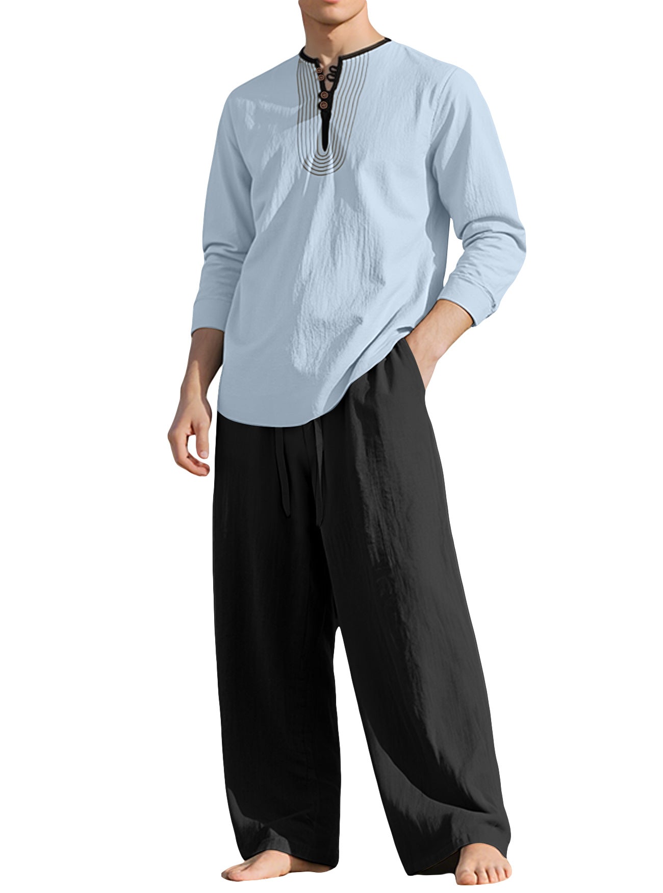 S-3XL Linen Breathable Long Sleeve Trousers Beach Suit