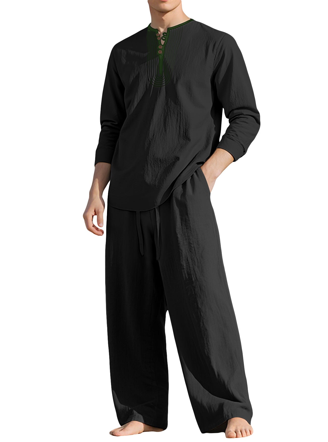 S-3XL Linen Breathable Long Sleeve Trousers Beach Suit