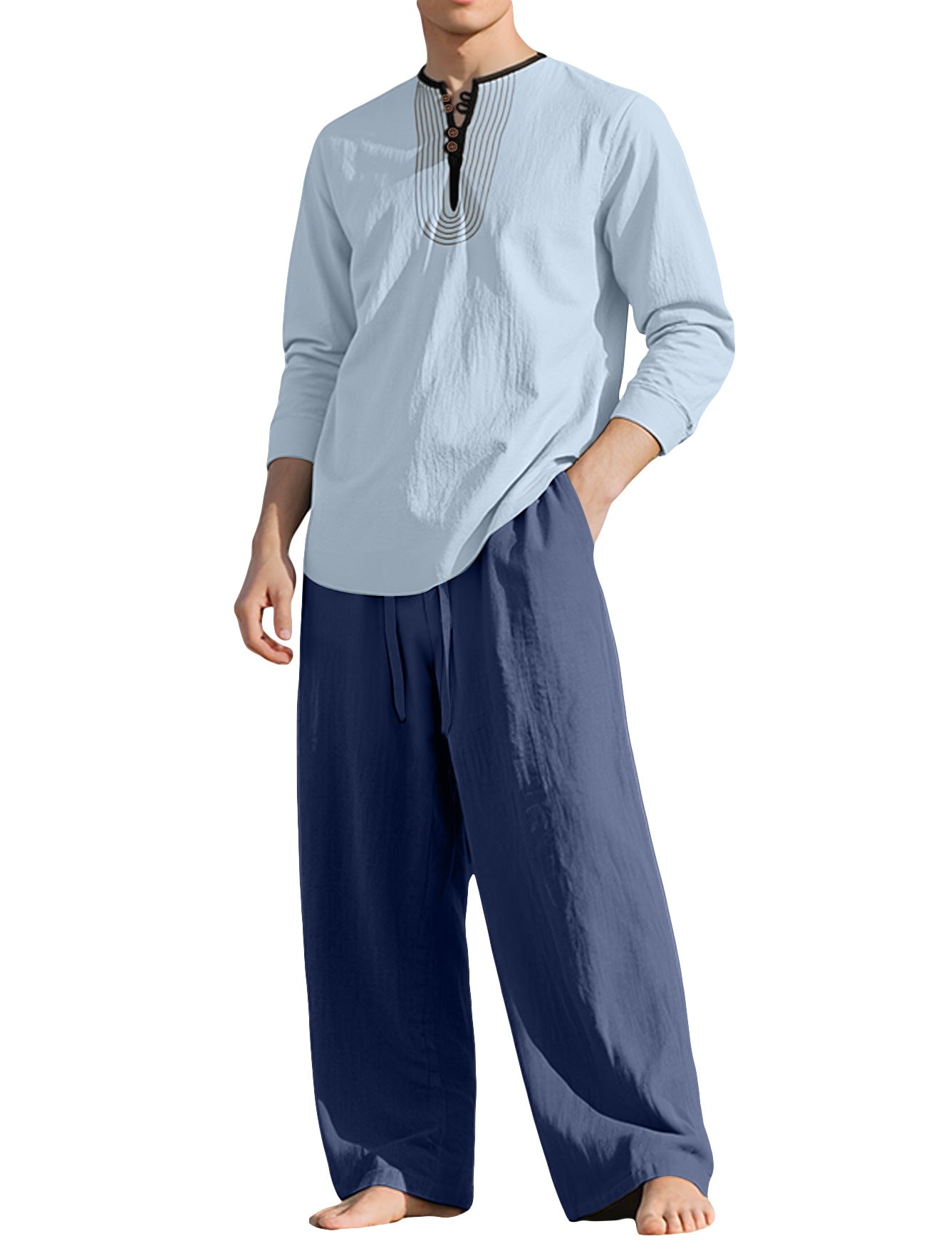 S-3XL Linen Breathable Long Sleeve Trousers Beach Suit
