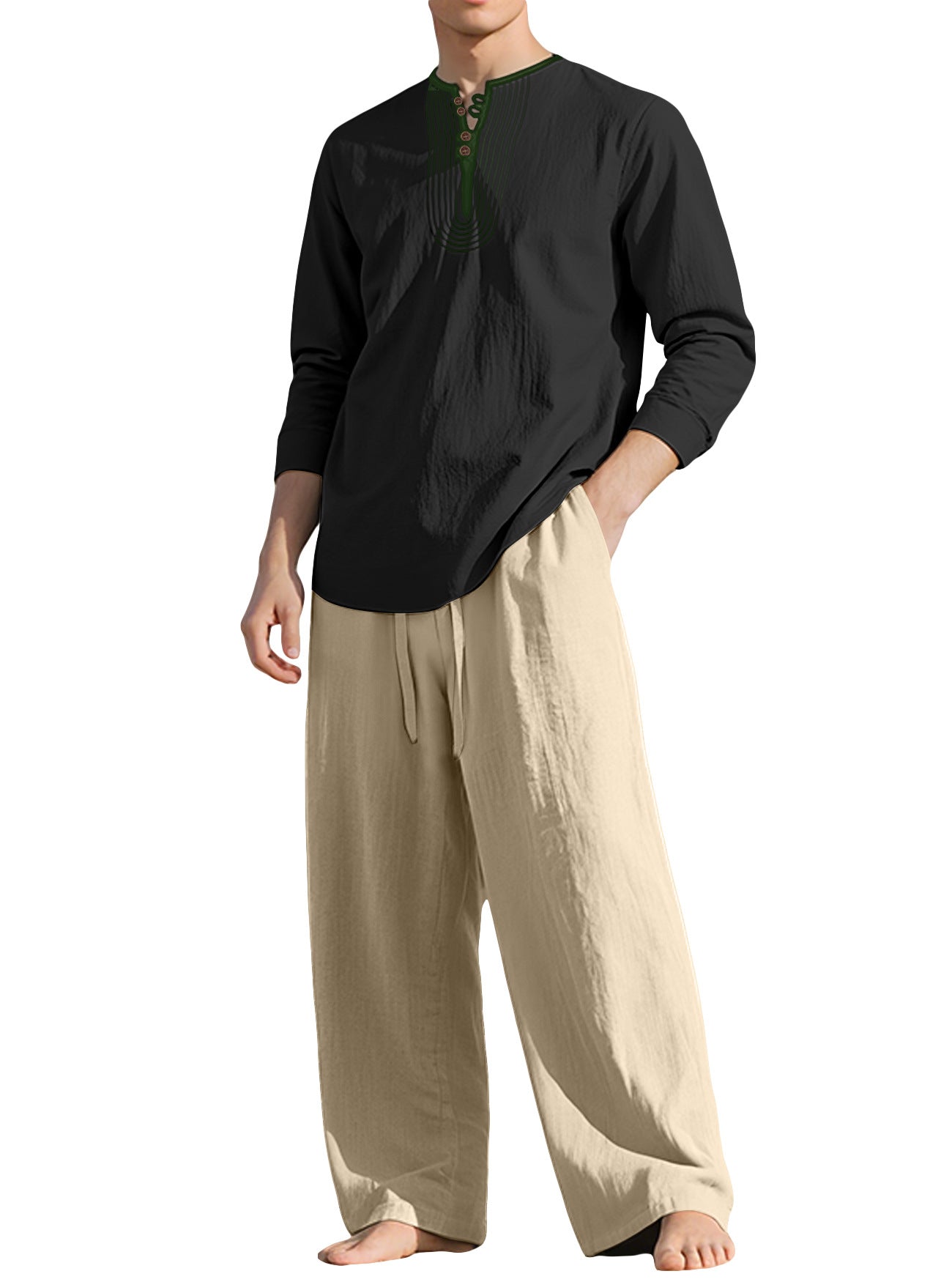 S-3XL Linen Breathable Long Sleeve Trousers Beach Suit