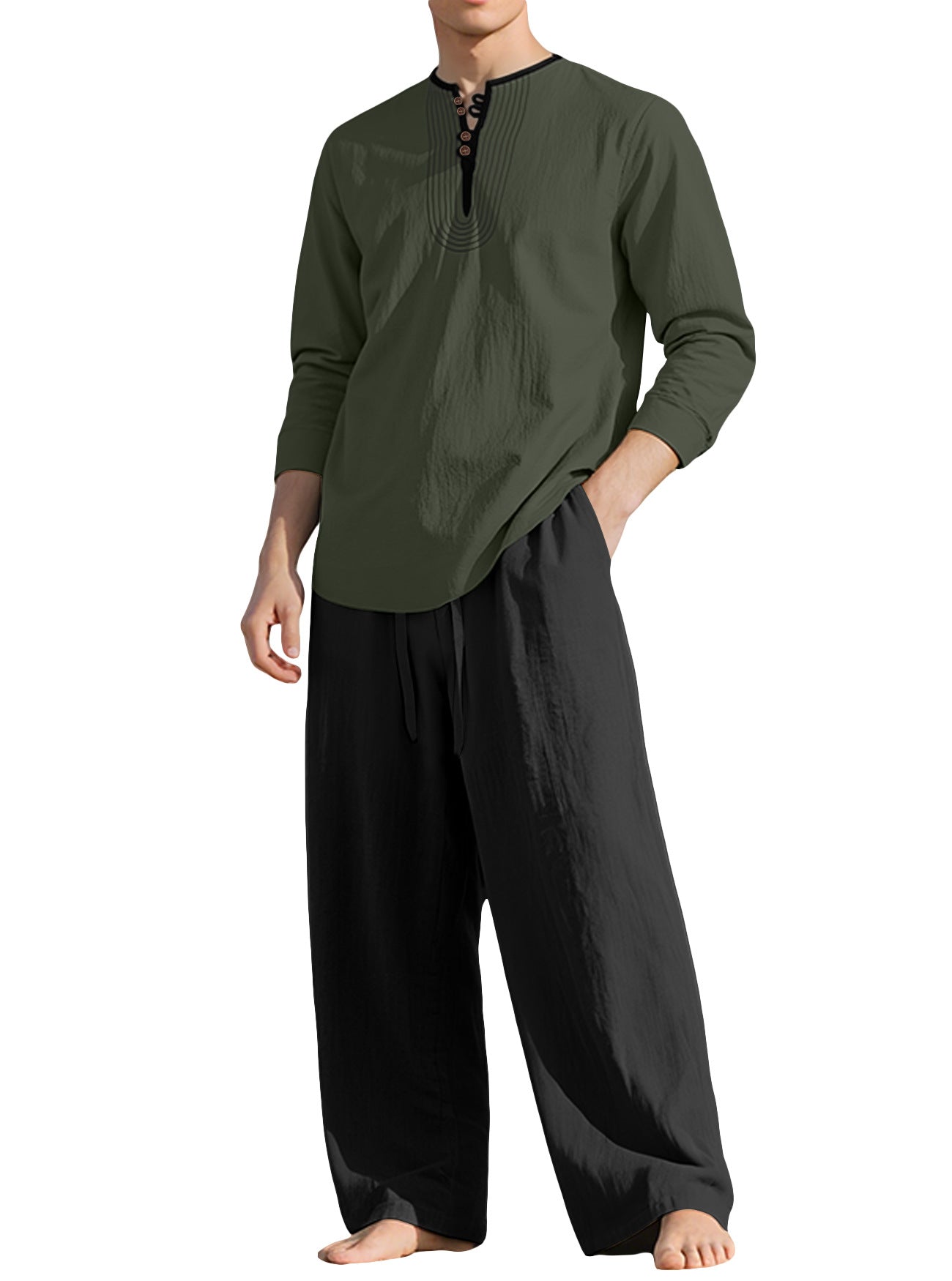 S-3XL Linen Breathable Long Sleeve Trousers Beach Suit