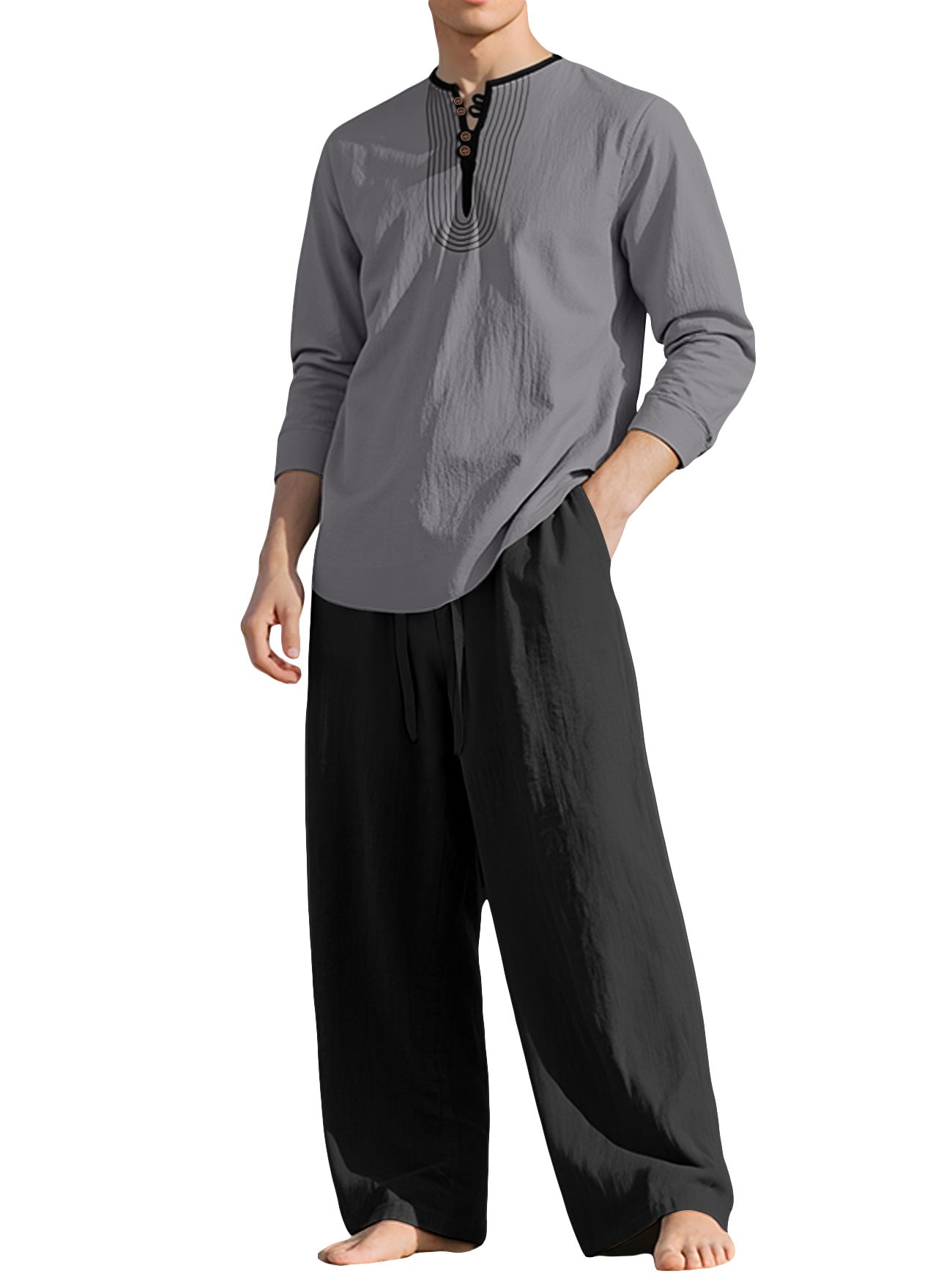 S-3XL Linen Breathable Long Sleeve Trousers Beach Suit