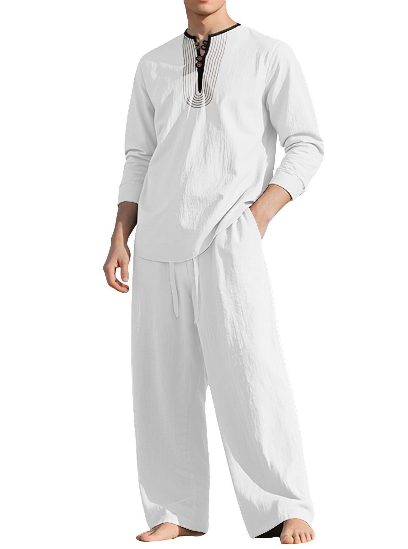 S-3XL Linen Breathable Long Sleeve Trousers Beach Suit