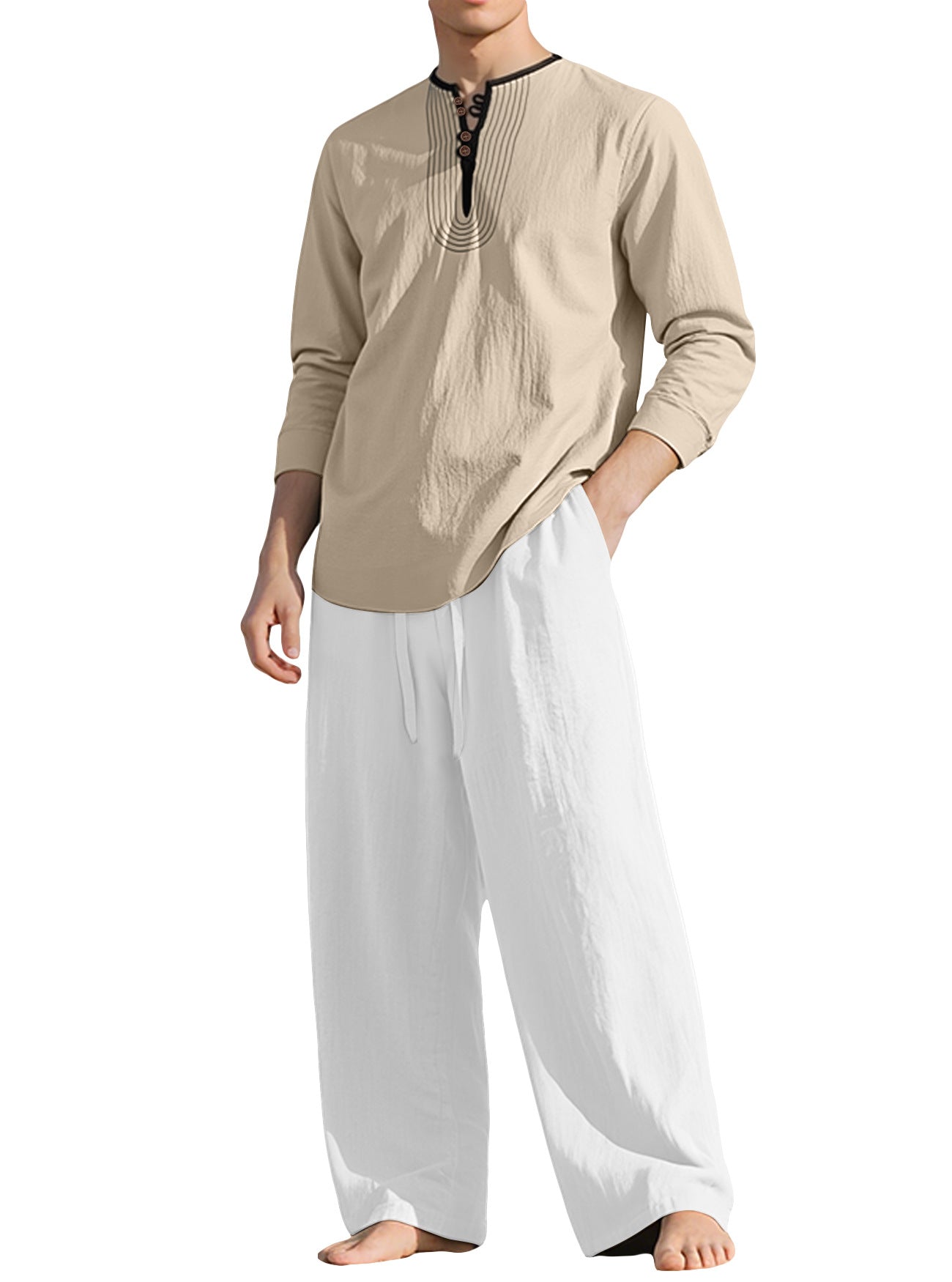 S-3XL Linen Breathable Long Sleeve Trousers Beach Suit