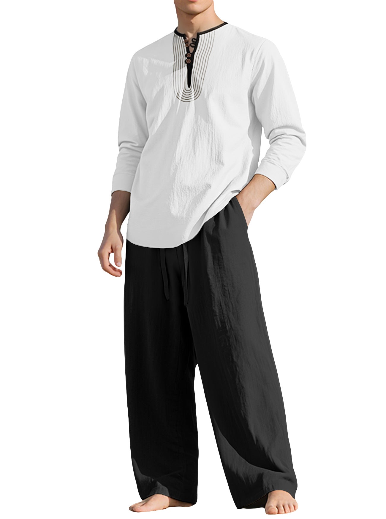 S-3XL Linen Breathable Long Sleeve Trousers Beach Suit