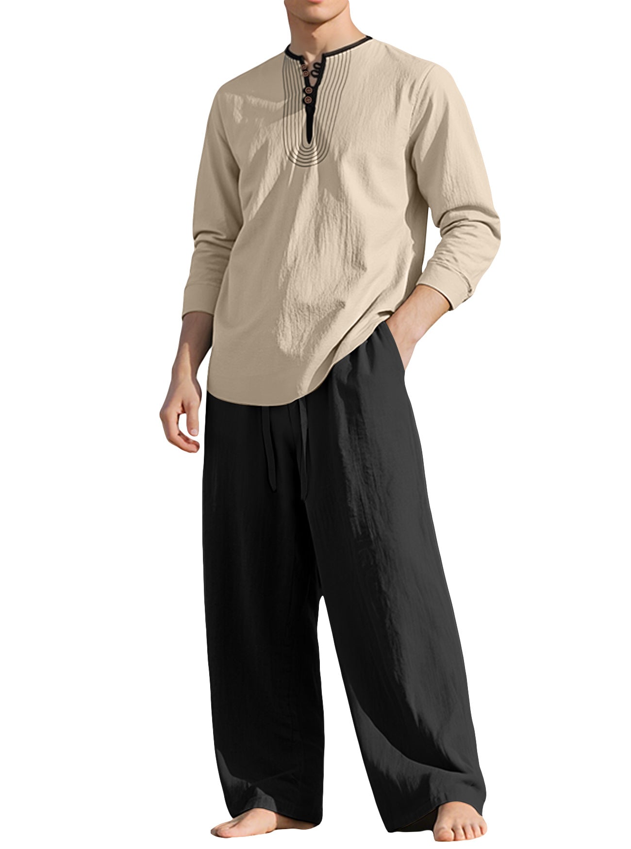 S-3XL Linen Breathable Long Sleeve Trousers Beach Suit