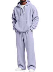 S-4XL Sports Wafflour Solid Color Long Sleeve Trousers Two-Piece Set