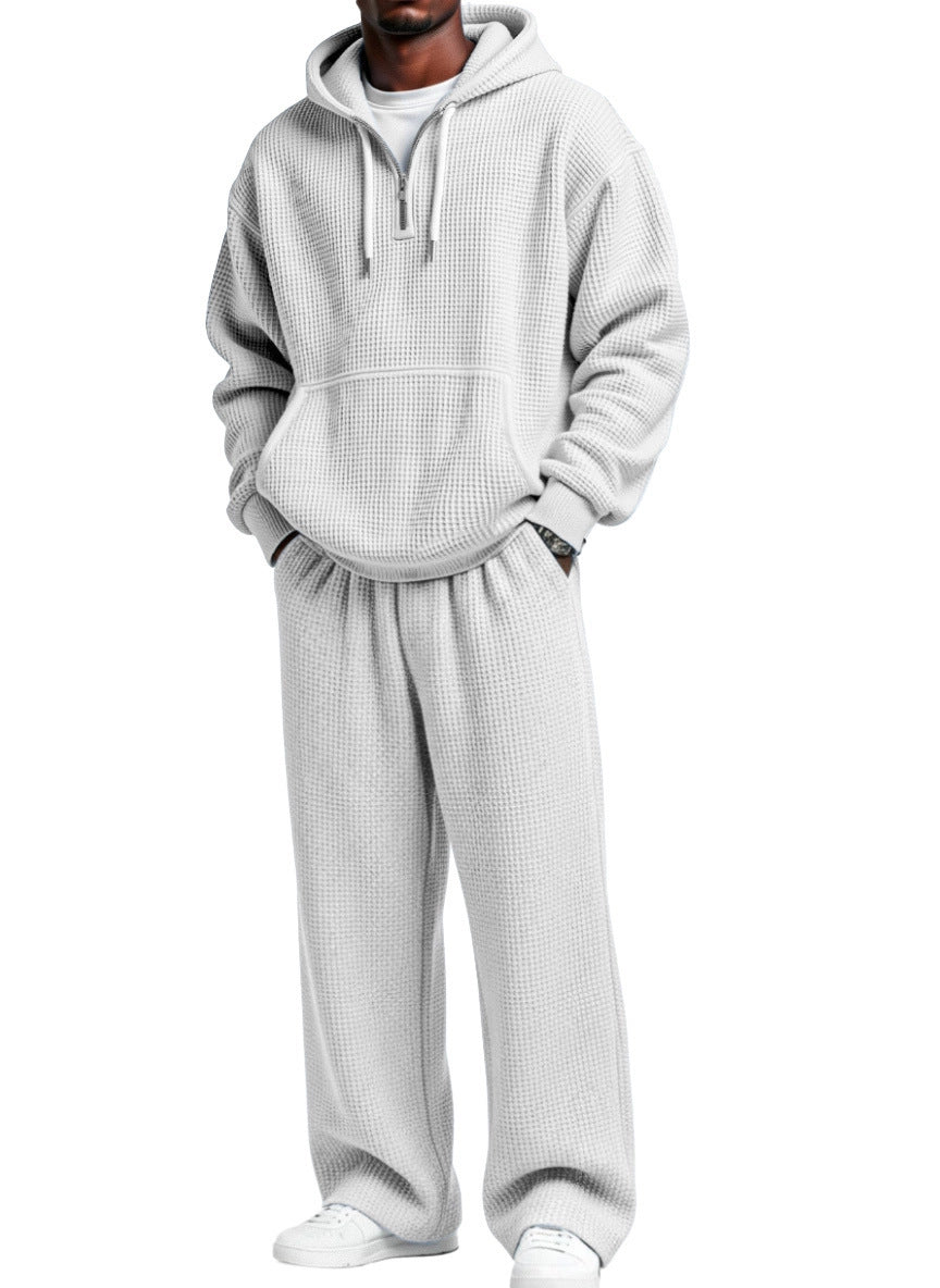 S-4XL Sports Wafflour Solid Color Long Sleeve Trousers Two-Piece Set