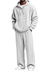 S-4XL Sports Wafflour Solid Color Long Sleeve Trousers Two-Piece Set