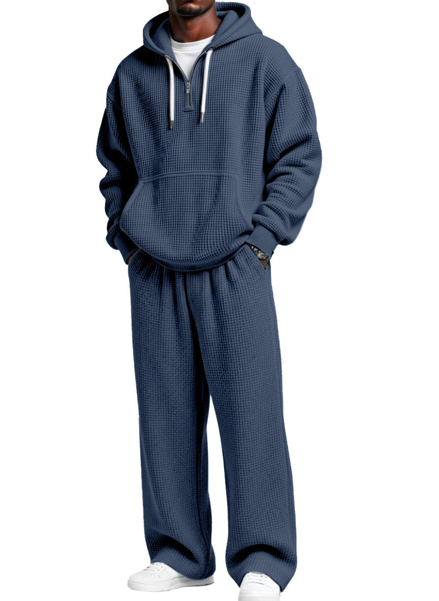 S-4XL Sports Wafflour Solid Color Long Sleeve Trousers Two-Piece Set