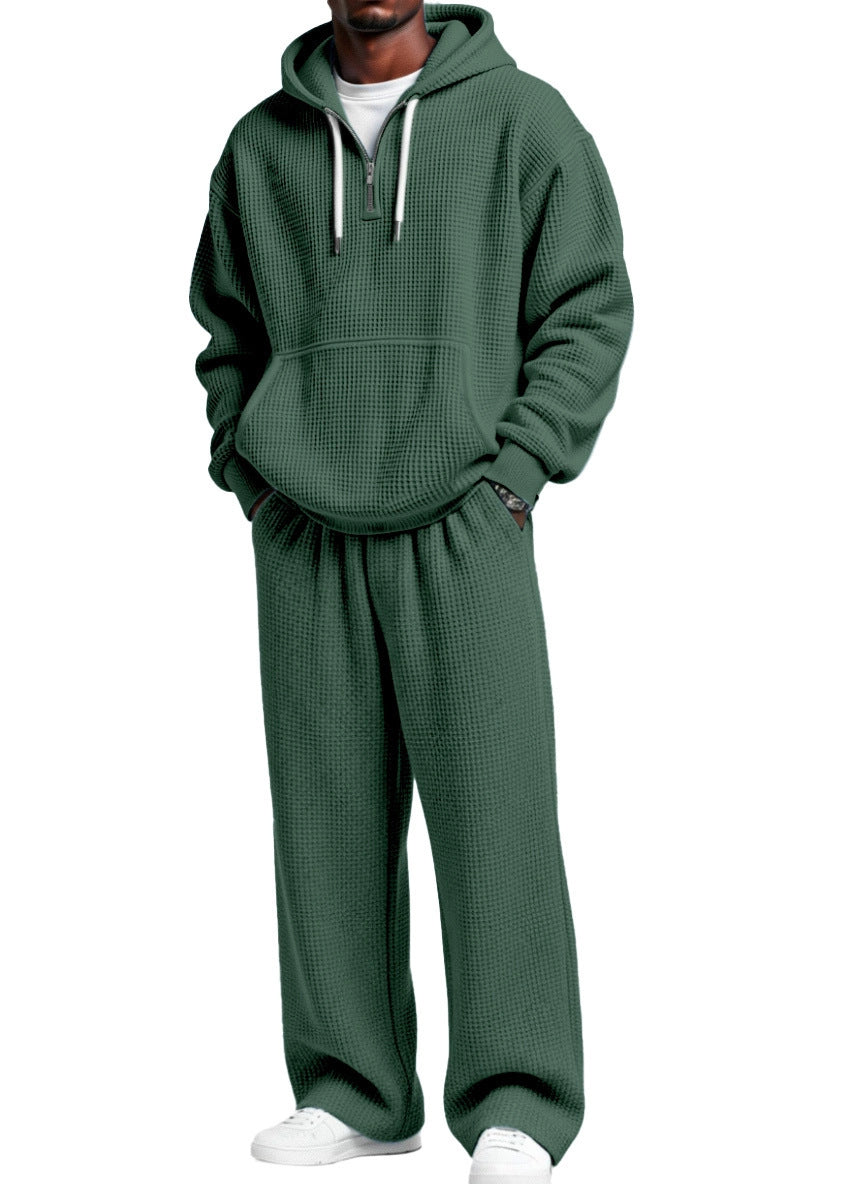 S-4XL Sports Wafflour Solid Color Long Sleeve Trousers Two-Piece Set