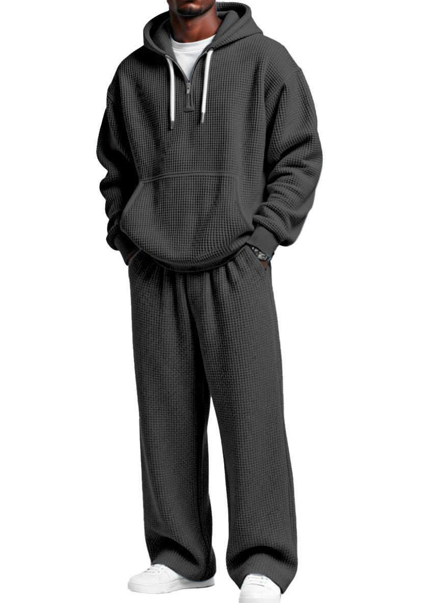 S-4XL Sports Wafflour Solid Color Long Sleeve Trousers Two-Piece Set