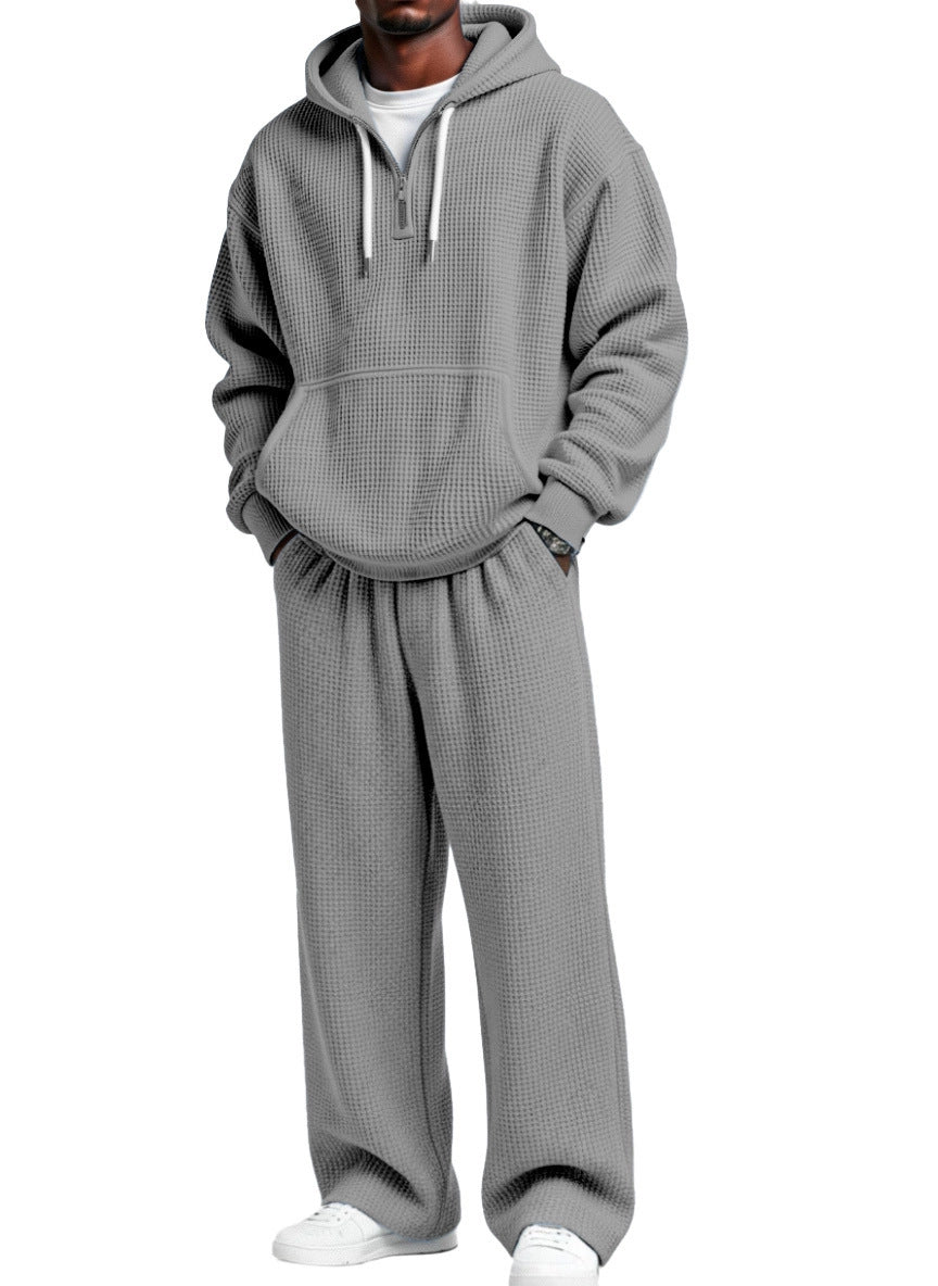 S-4XL Sports Wafflour Solid Color Long Sleeve Trousers Two-Piece Set