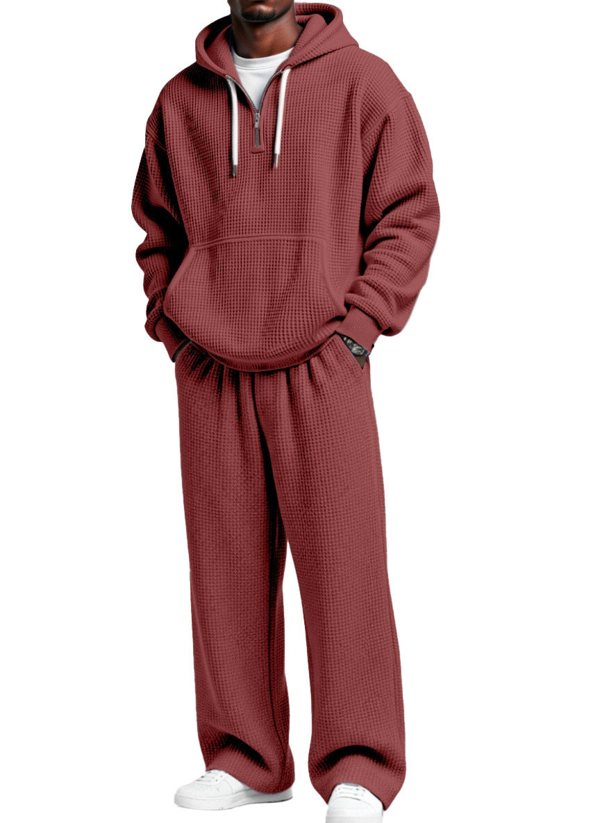 S-4XL Sports Wafflour Solid Color Long Sleeve Trousers Two-Piece Set