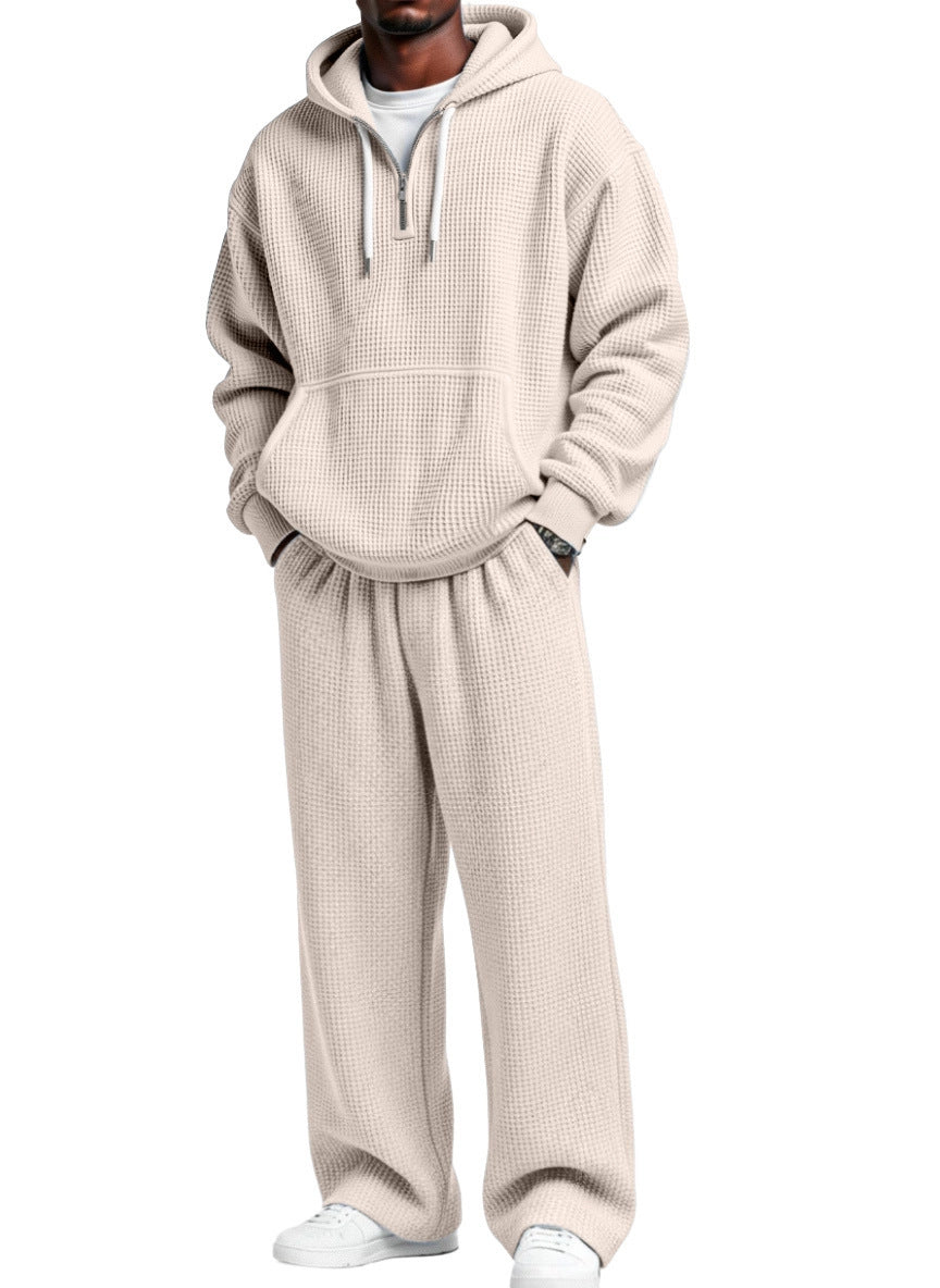 S-4XL Sports Wafflour Solid Color Long Sleeve Trousers Two-Piece Set
