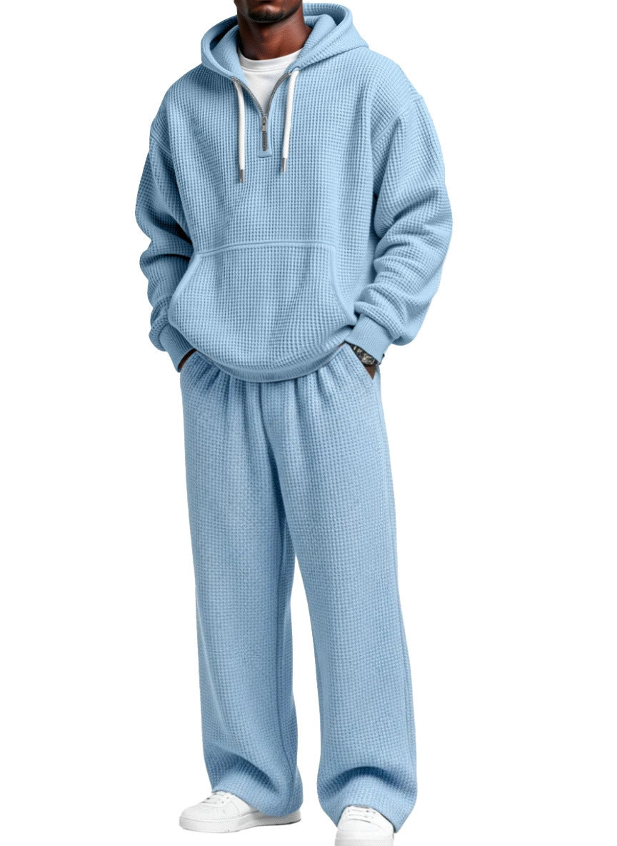 S-4XL Sports Wafflour Solid Color Long Sleeve Trousers Two-Piece Set