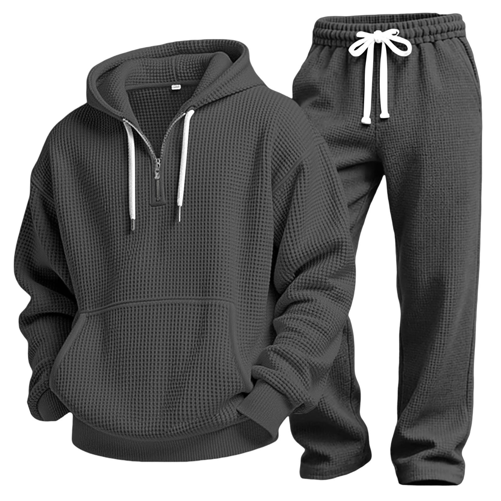 S-4XL Sports Wafflour Solid Color Long Sleeve Trousers Two-Piece Set
