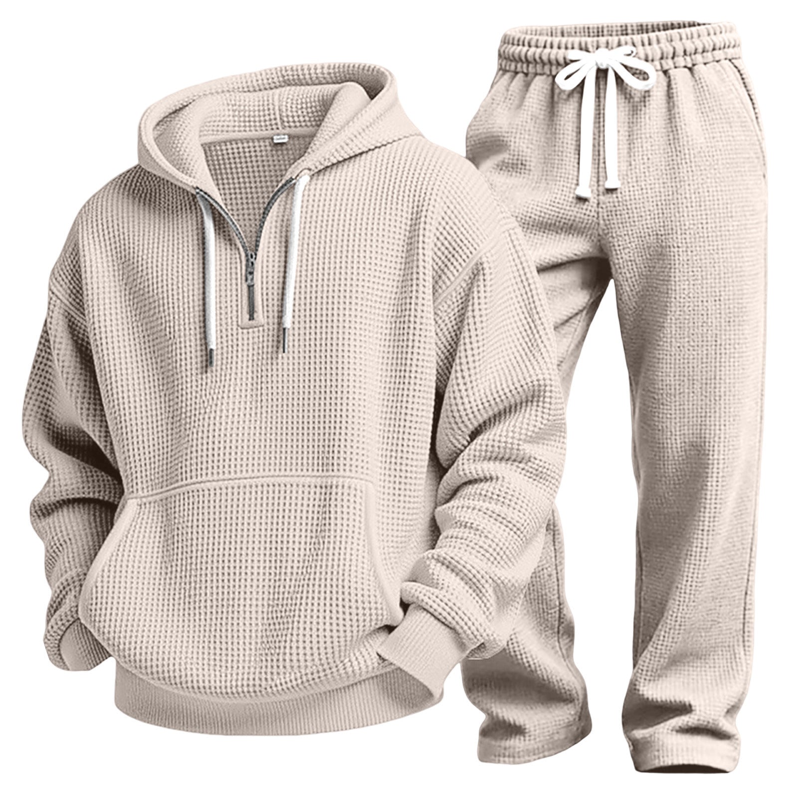 S-4XL Sports Wafflour Solid Color Long Sleeve Trousers Two-Piece Set