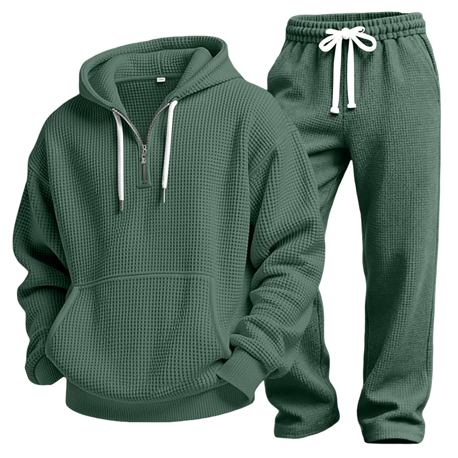 S-4XL Sports Wafflour Solid Color Long Sleeve Trousers Two-Piece Set