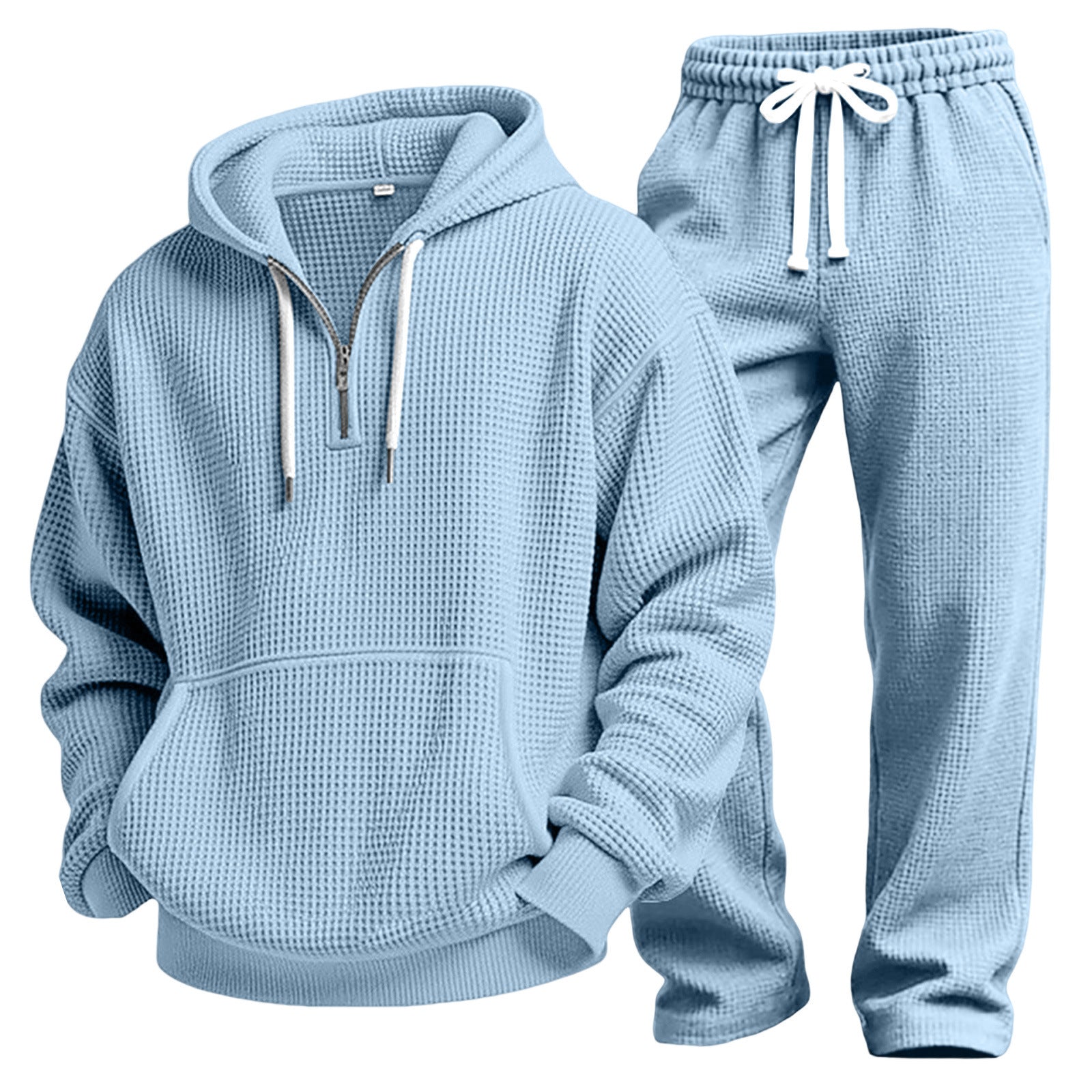 S-4XL Sports Wafflour Solid Color Long Sleeve Trousers Two-Piece Set