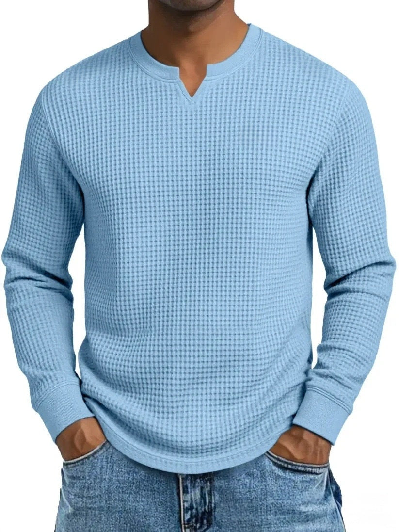 S-5XL Waffle-Weave Slim-Fit Long-Sleeve V-Neck T-Shirt