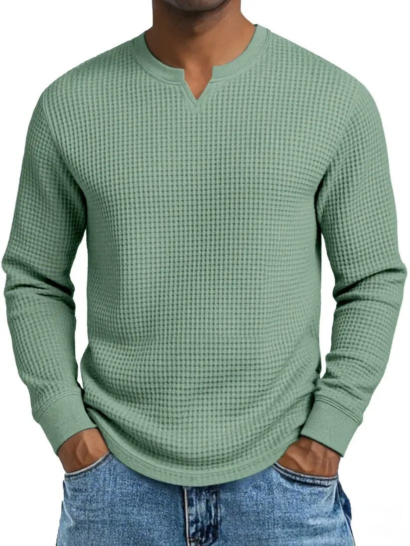 S-5XL Waffle-Weave Slim-Fit Long-Sleeve V-Neck T-Shirt
