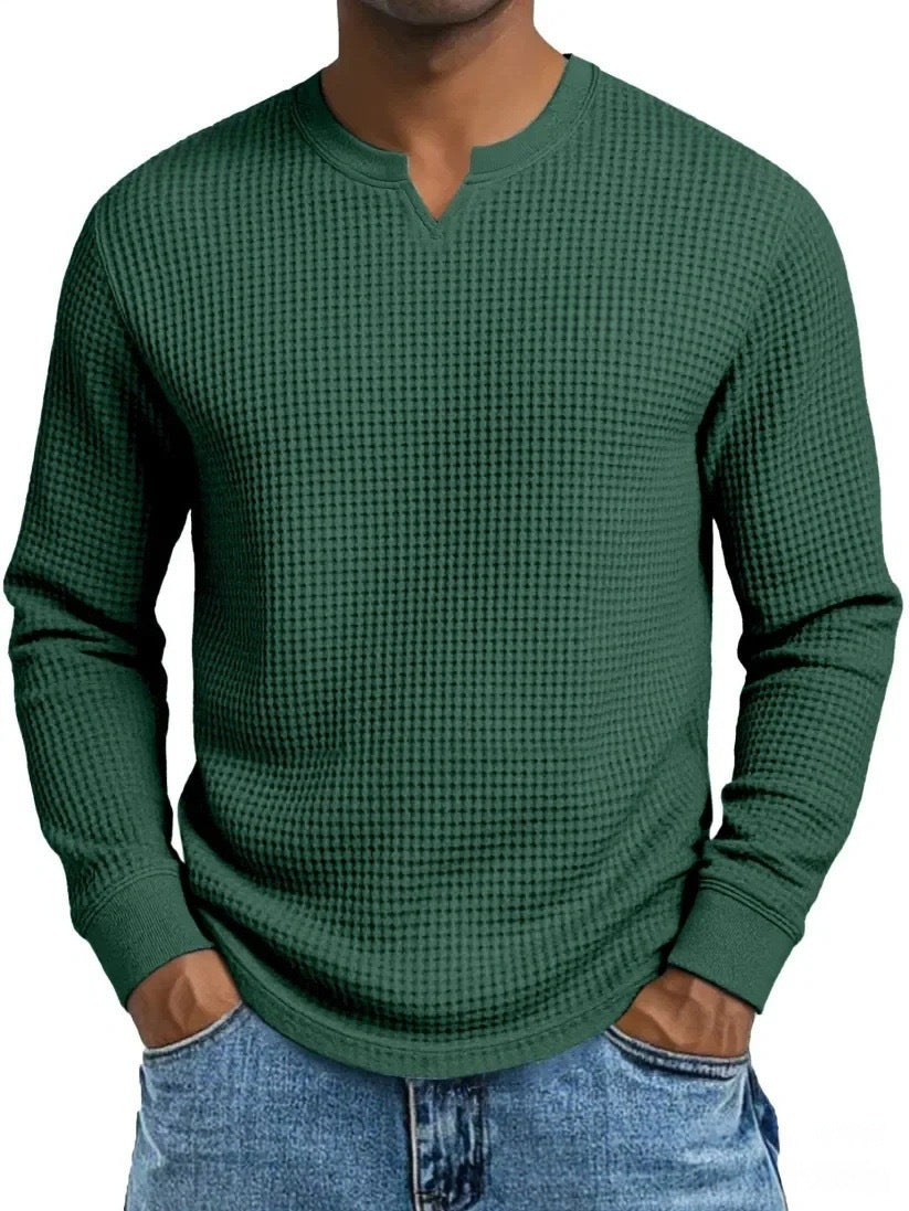 S-5XL Waffle-Weave Slim-Fit Long-Sleeve V-Neck T-Shirt