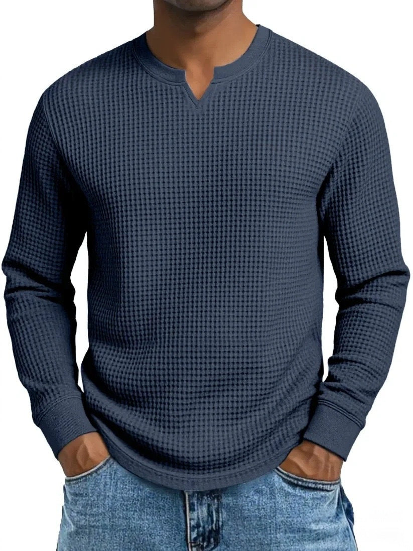 S-5XL Waffle-Weave Slim-Fit Long-Sleeve V-Neck T-Shirt