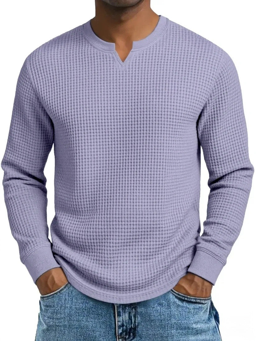 S-5XL Waffle-Weave Slim-Fit Long-Sleeve V-Neck T-Shirt