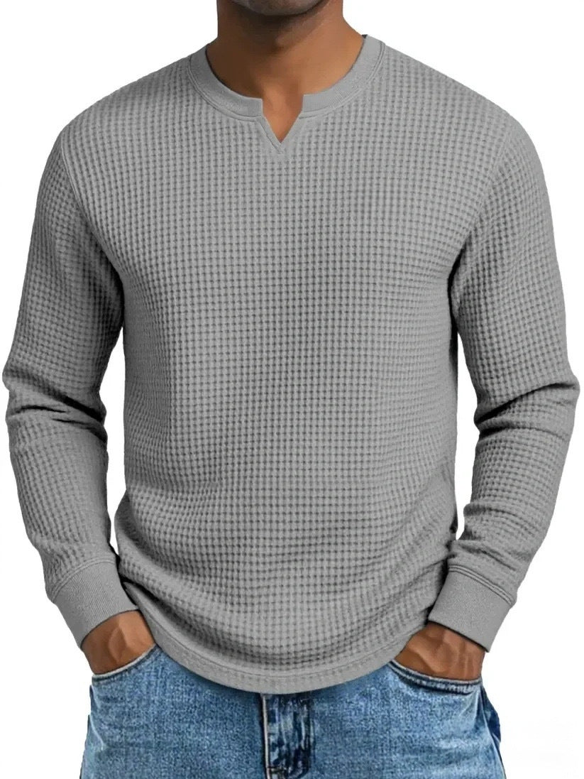 S-5XL Waffle-Weave Slim-Fit Long-Sleeve V-Neck T-Shirt