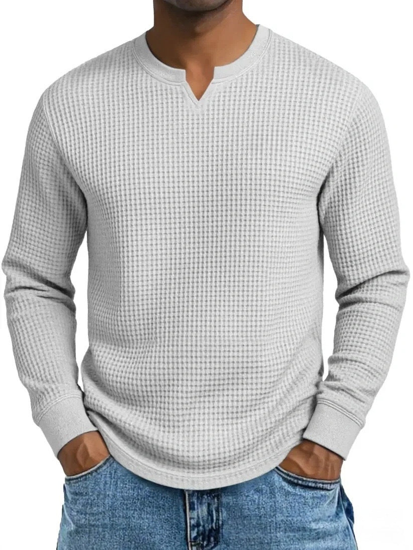 S-5XL Waffle-Weave Slim-Fit Long-Sleeve V-Neck T-Shirt