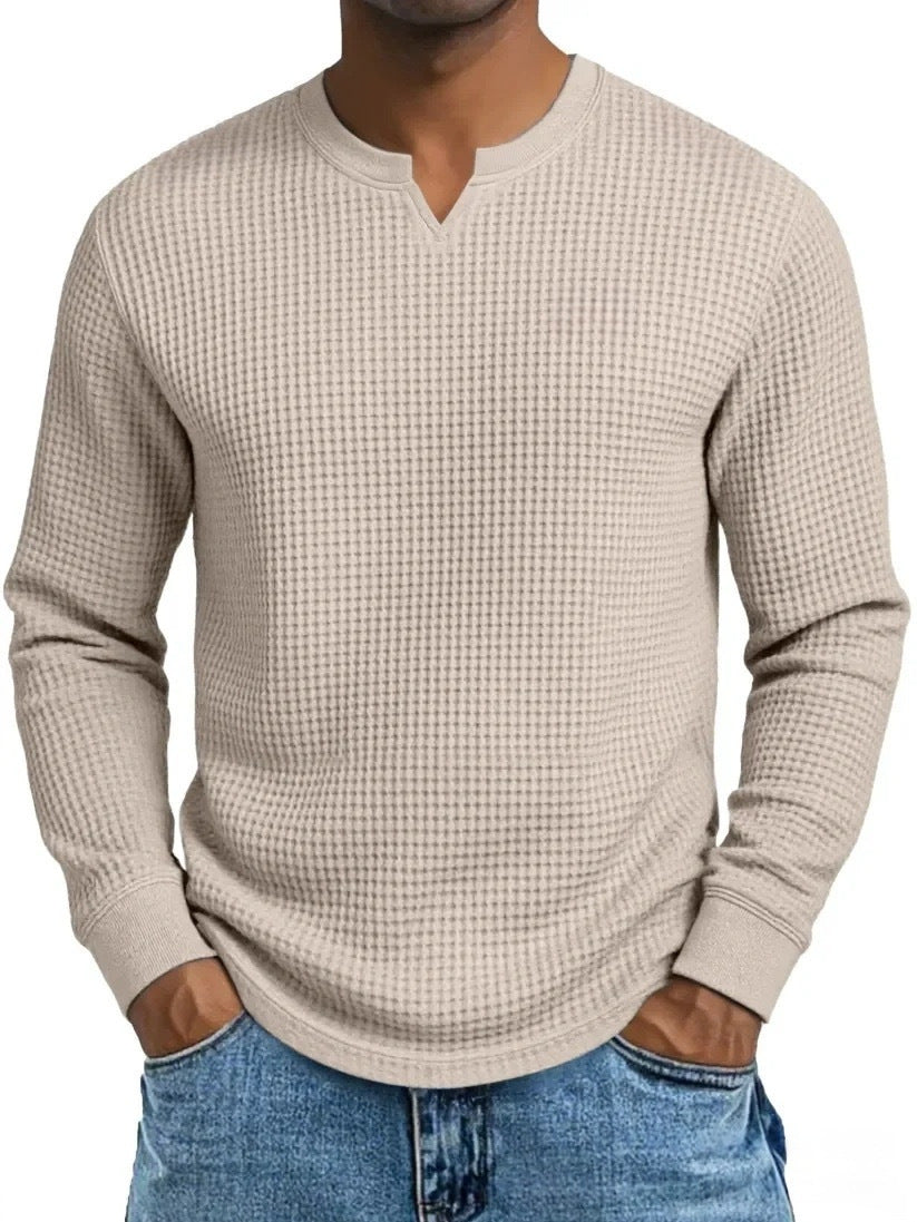 S-5XL Waffle-Weave Slim-Fit Long-Sleeve V-Neck T-Shirt