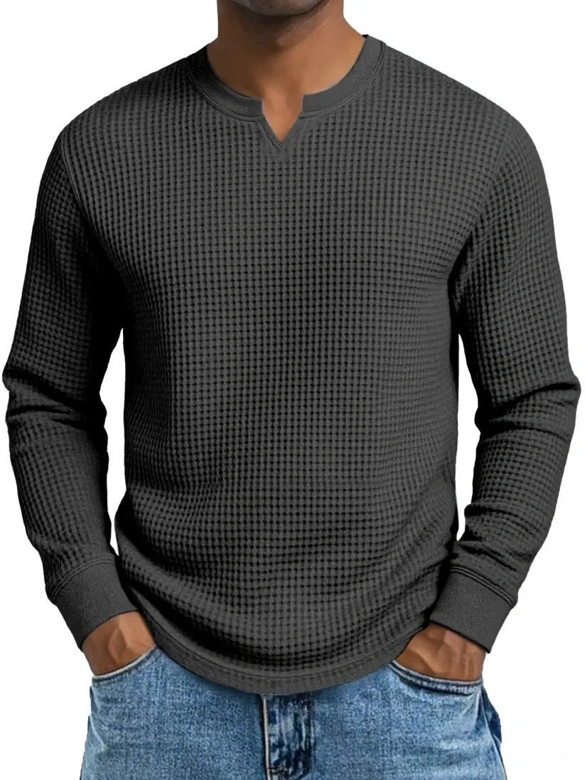 S-5XL Waffle-Weave Slim-Fit Long-Sleeve V-Neck T-Shirt