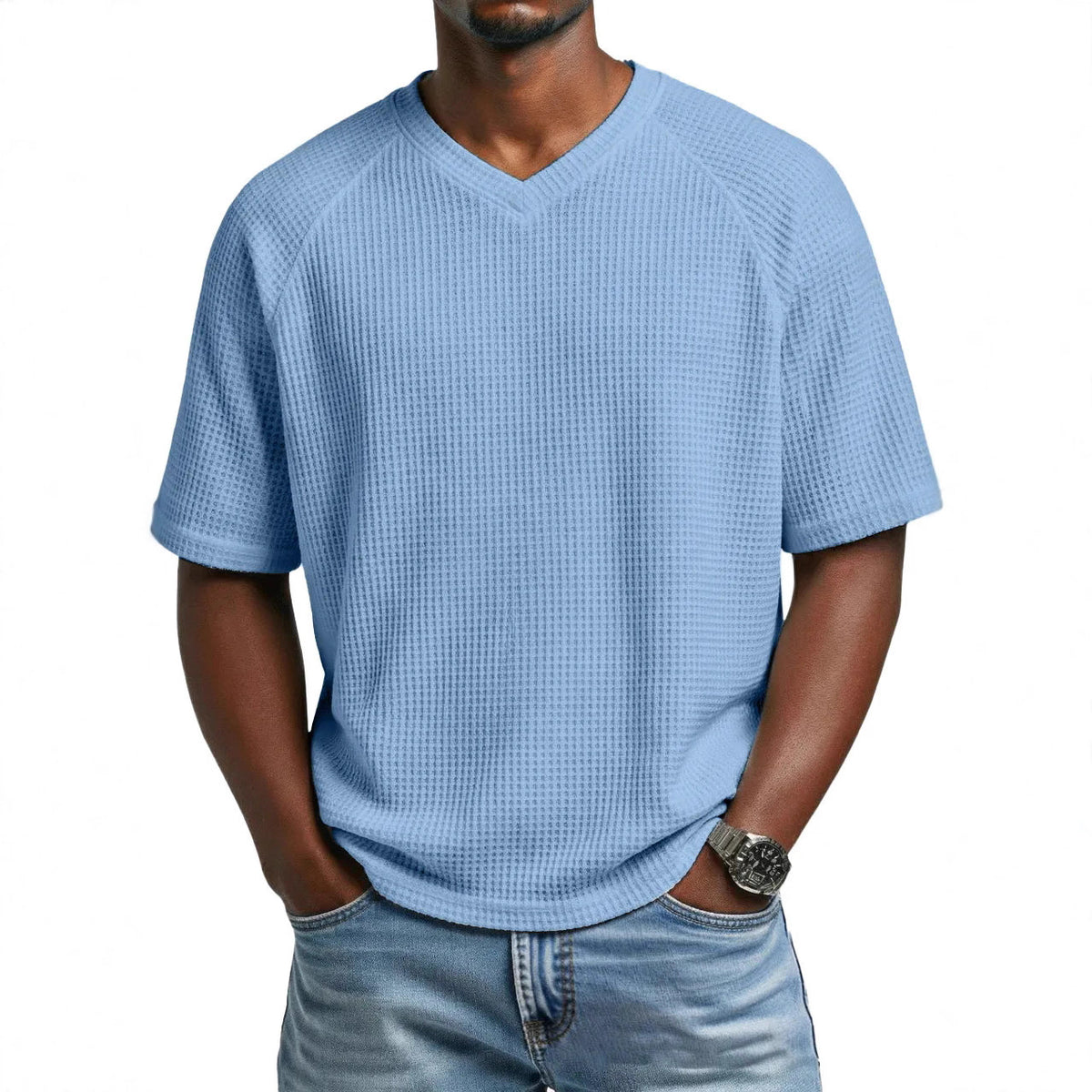 S-4XL Waffled Knit Short Sleeve V-Neck Tee
