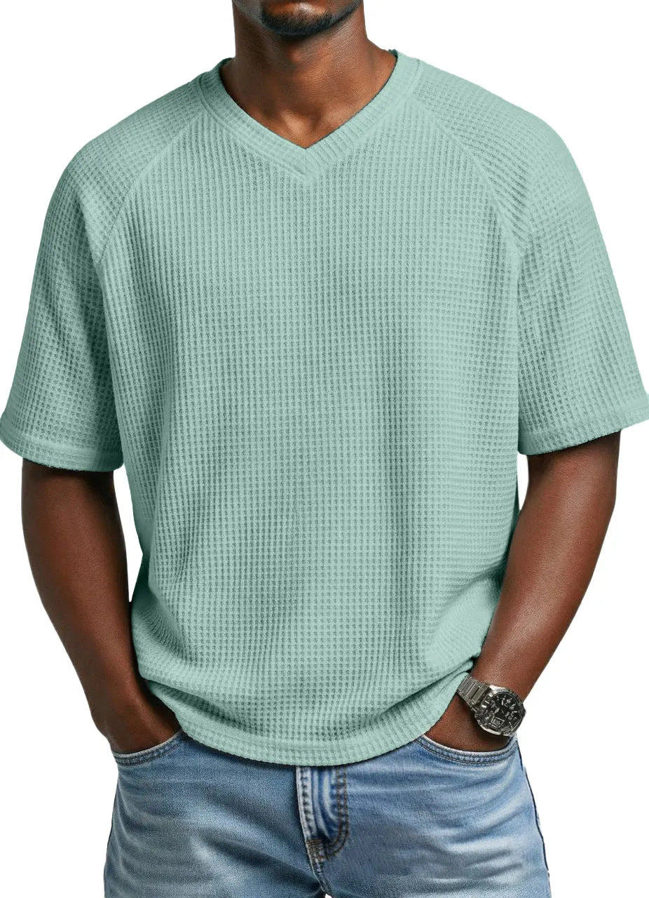 S-4XL Waffled Knit Short Sleeve V-Neck Tee