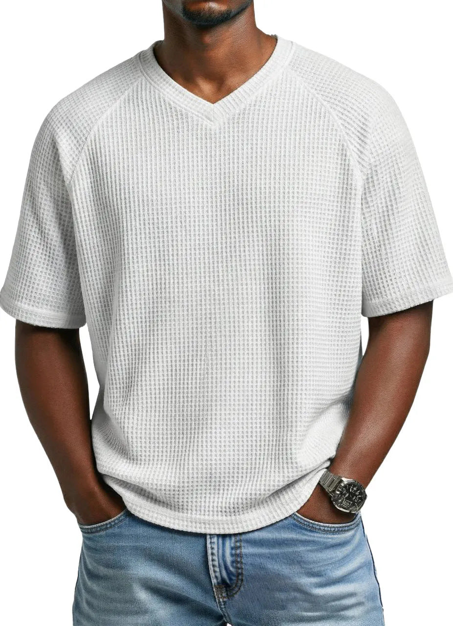 S-4XL Waffled Knit Short Sleeve V-Neck Tee