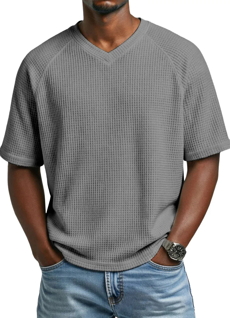 S-4XL Waffled Knit Short Sleeve V-Neck Tee