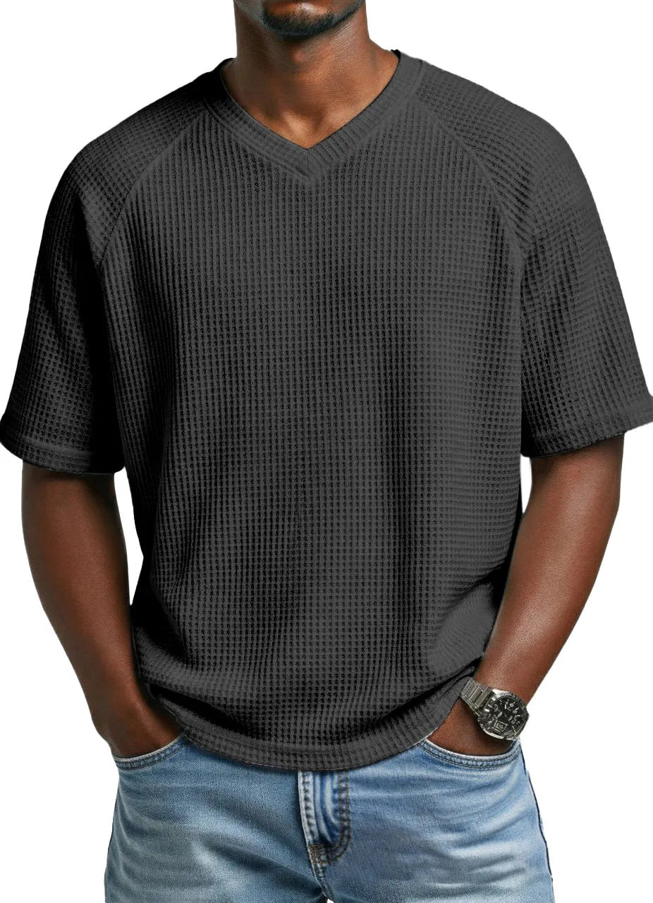 S-4XL Waffled Knit Short Sleeve V-Neck Tee