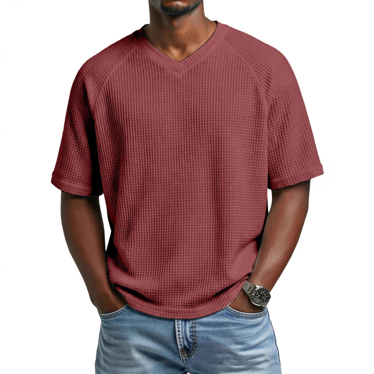 S-4XL Waffled Knit Short Sleeve V-Neck Tee