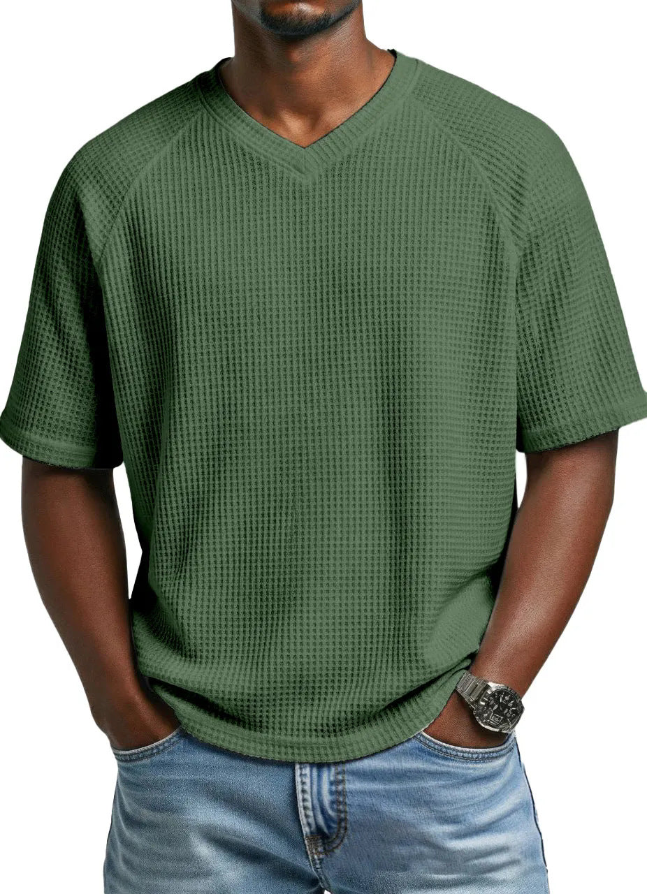 S-4XL Waffled Knit Short Sleeve V-Neck Tee