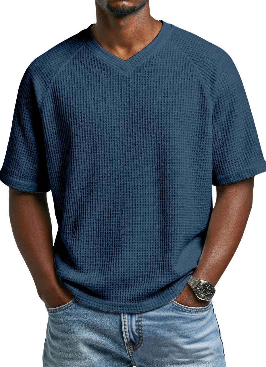 S-4XL Waffled Knit Short Sleeve V-Neck Tee