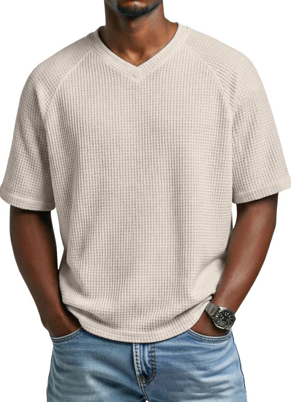 S-4XL Waffled Knit Short Sleeve V-Neck Tee