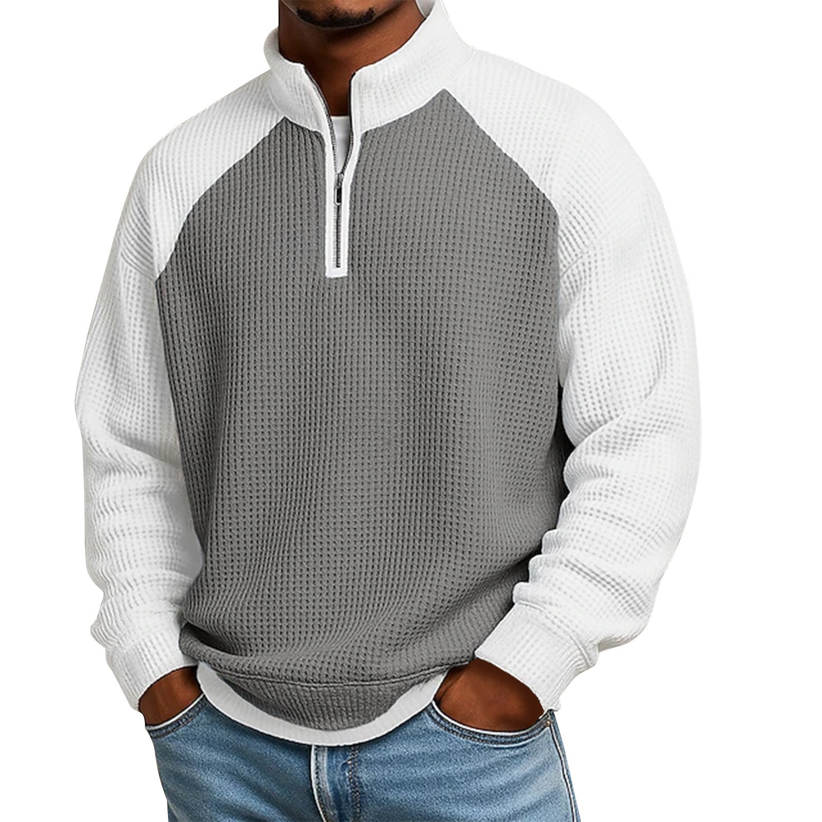 S-5XL Waffled Contrast Collar Long Sleeve Sweat