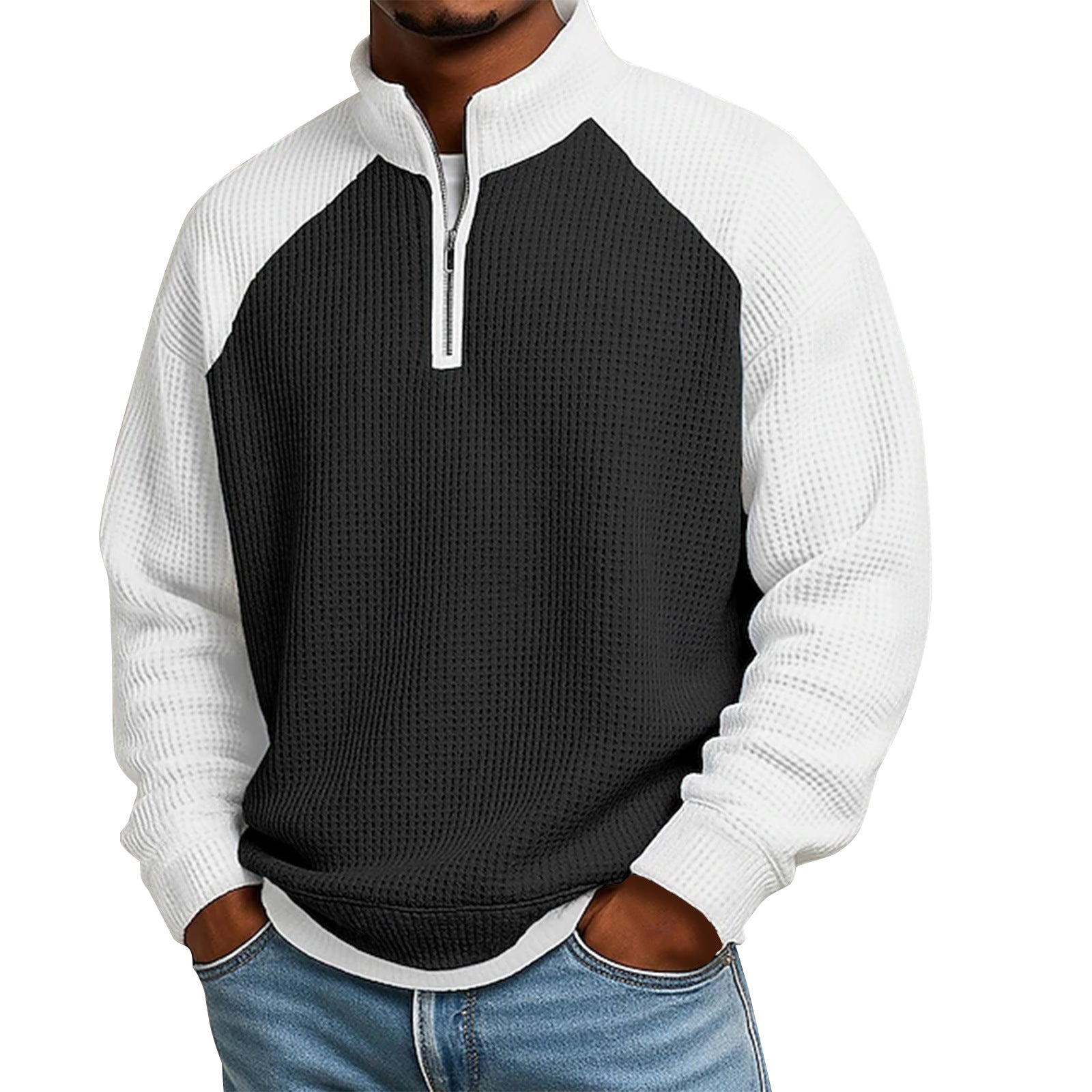 S-5XL Waffled Contrast Collar Long Sleeve Sweat