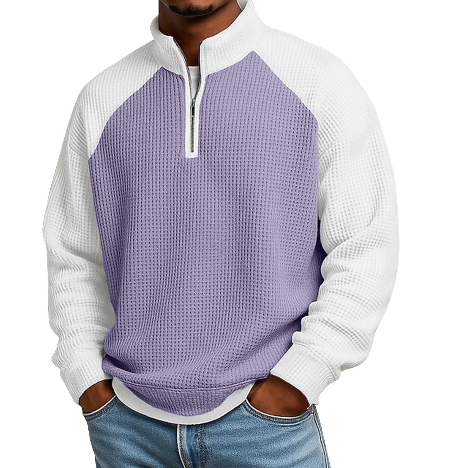 S-5XL Waffled Contrast Collar Long Sleeve Sweat
